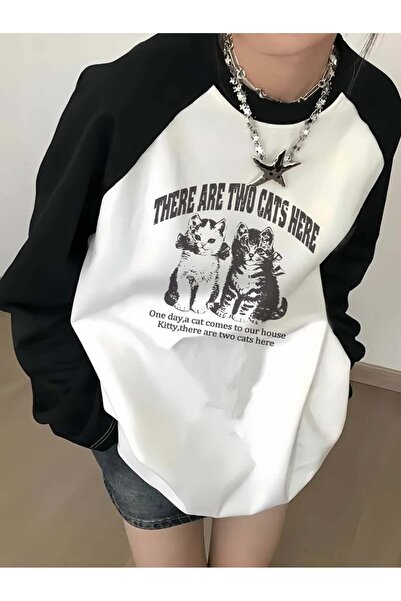 Genel Markalar Vintage Reglan Uzun Kollu Sevimli Kedi Baskılı Beyaz T-Shirt