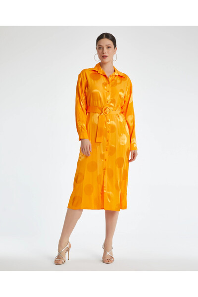 SERPİL Belden Kemerli Puantiyeli Gömlek Yaka Turuncu Saten Elbise 40349