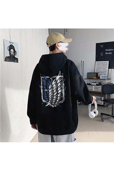 Touz Moda Attack On Titan Νέο λογότυπο πίσω με στάμπα μαύρη μπλούζα με κουκούλα Unisex