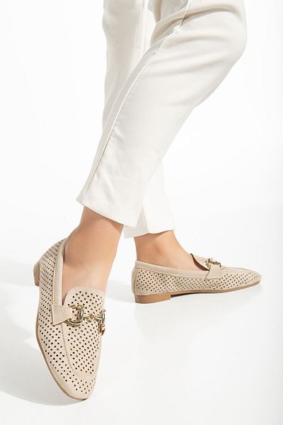 Moda Asmira 401 Beige Suede Perforated Casual Women's Ballerinas