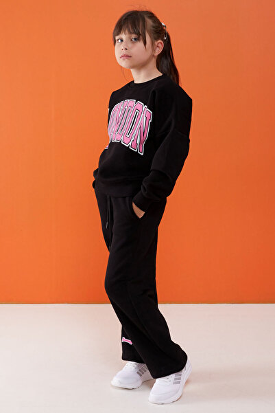 Cansın Mini London Printed Black Girl's Tracksuit Set - Şardonlu 19522