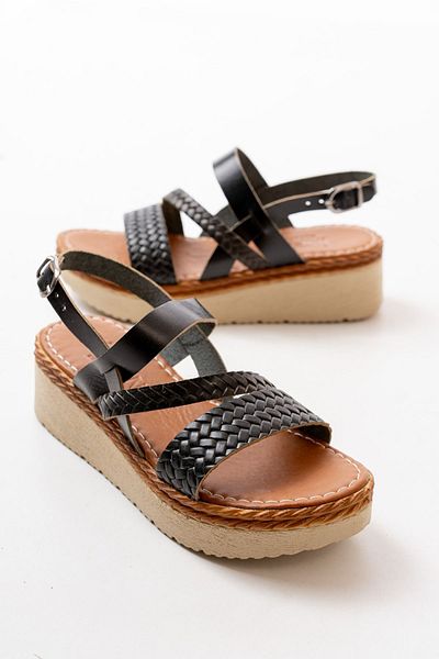 ELLOLİTA LUXURY SHOES 730-152 Black Orthopedic Genuine Leather Wedge Women's Sandals