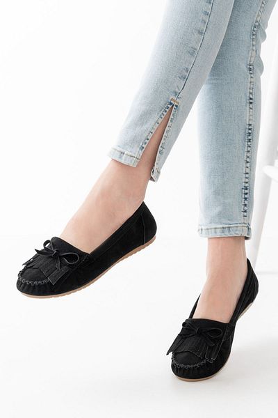 Moda Asmira Ps-100 Black Suede Tasseled Daily Women's Ballerinas