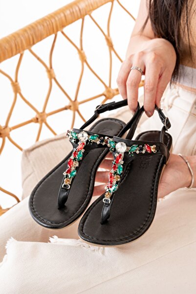 ElloLita 152-1110 Sandale de damă cu șlapi cu piatră multiplă negre