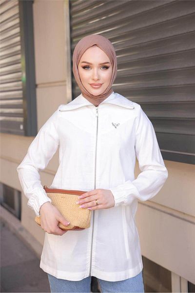 Bwest Destan Stone Detailed Zippered Simple Basic Jacket - 71139.023 - Cream