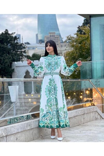 WellWay Rochie verde cu model floral din țesătură Atlas, cu guler de cămașă, ...