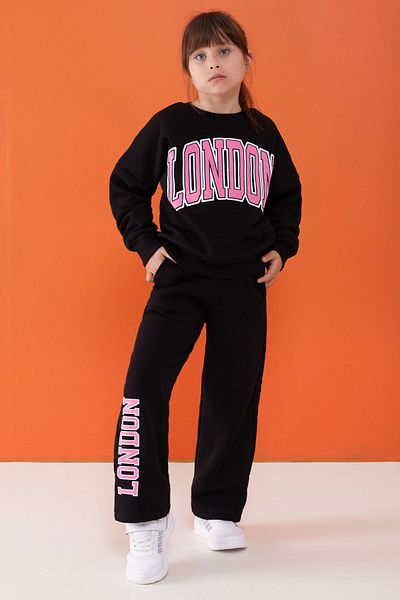 Cansın Mini London Printed Black Girl's Tracksuit Set - Şardonlu 19522