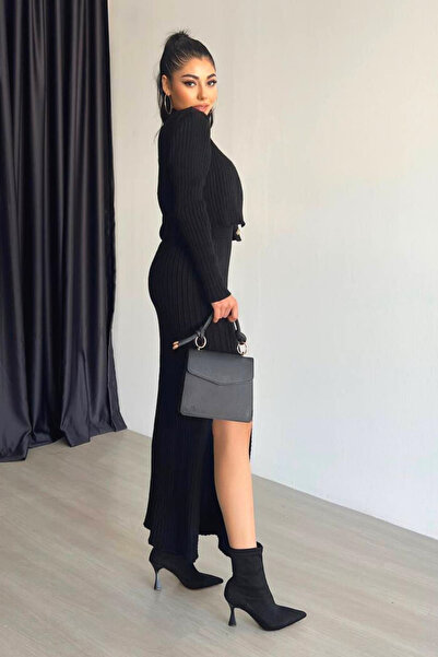 Mossta Thick Corded Slit Cardigan 3-Piece Set Black