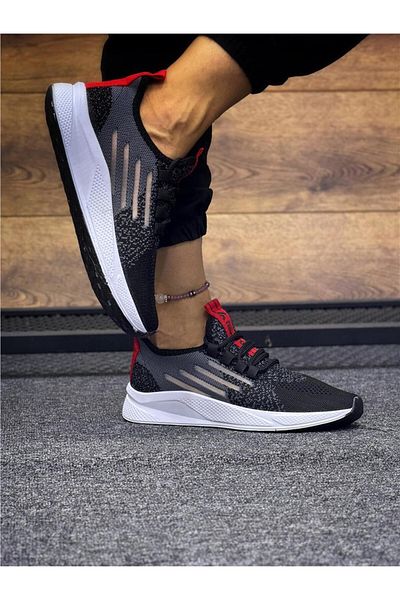 homiro Tricotaj cu șireturi Pantofi sport unisex-negru-alb-roșu
