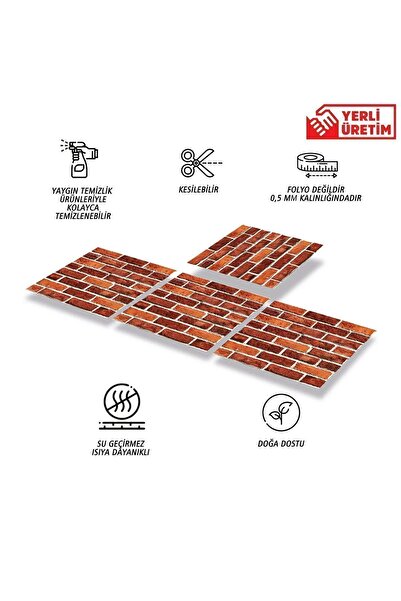 TİNK Kendinden Yapışkanlı Seramik Kaplama Kırmızı Tuğla Desenli Pvc Karo 30x30 Cm (4 ADET) 0,36 M2