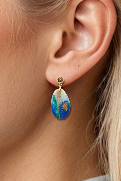 Pozitif Doğal Taş Üzeri Resimli Gerçek Deniz Kabuğu Küpe 30-D2