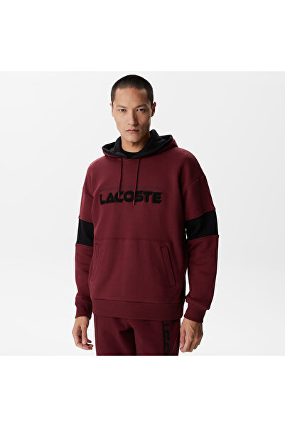 Lacoste Erkek Relaxed Fit Kapüşonlu Renk Bloklu Bordo Sweatshirt
