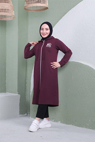 Bwest Yazı Baskılı Fermuarlı Kapşonlu Uzun Sweat - 03081.020 - Mürdüm