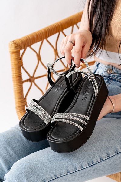 İNFON 861-1100 Black Stone Wedge Women's Sandals