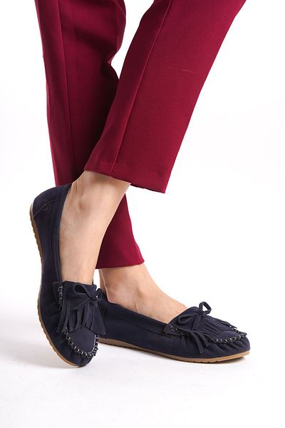 serkanseyyid Ps-100 Navy Blue Suede Tasseled Daily Women's Ballerinas