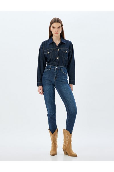 Koton Hohe Taille, gerades Bein – Baumwolljeans mit geknöpften Taschen