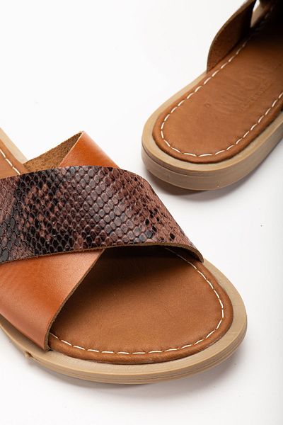 ELLOLİTA LUXURY SHOES 169-076 Tan Orthopedic Genuine Leather Cross Banded Women's Slippers