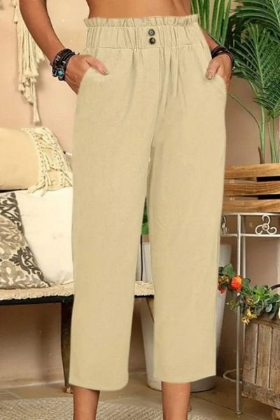 Mossta Beige Linen Capri Pants - Waist Drawstring and Button Detail