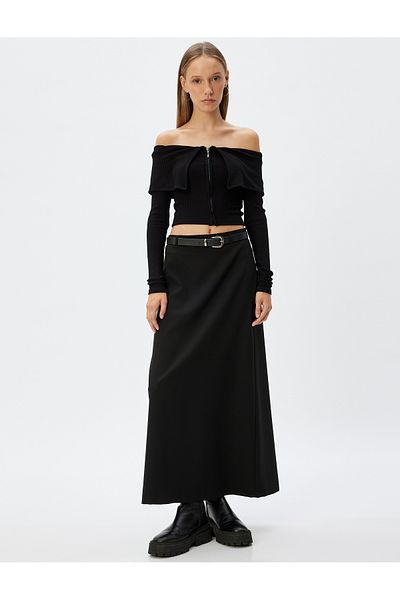 Koton Tricou Crop Mânecă lungă, cu fermoar, cu nervuri, cu umăr deschis, slim fit