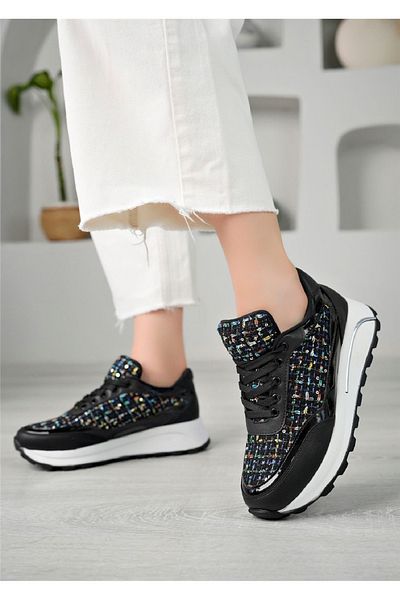homiro Stone Patterned Lace-Up Women's Sneakers - Black