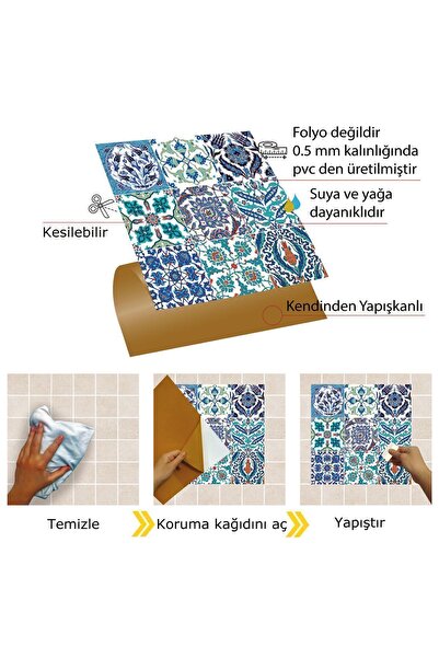 TİNK Kendinden Yapışkanlı Tezgah Arası Çini 019 Desenli Pvc Karo 30x30 Cm (4 ADET) 0,36 M2