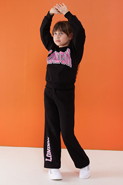 Cansın Mini London Printed Black Girl's Tracksuit Set - Şardonlu 19522