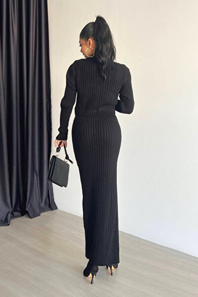 Mossta Thick Corded Slit Cardigan 3-Piece Set Black