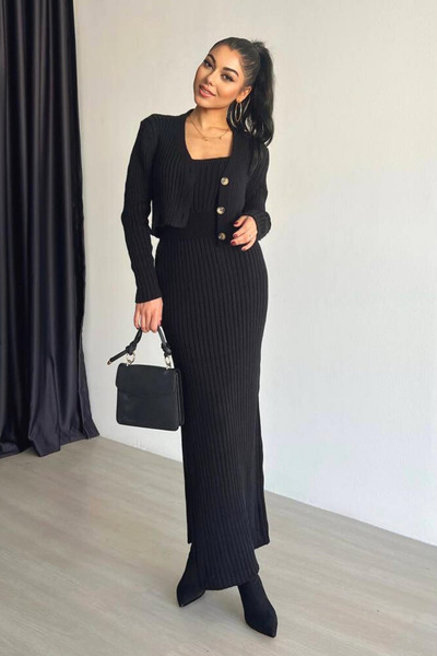 Mossta Thick Corded Slit Cardigan 3-Piece Set Black