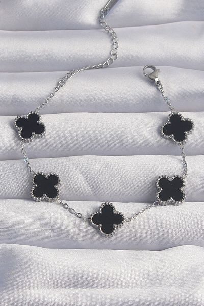 ShopZum Hpsc1 316L Steel Silver Color Black Enamel Clover Bracelet