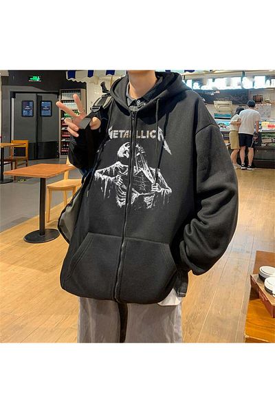 Touz Moda Metallica Skeleton Printed - Unisex Black Oversize Ζακέτα με κουκούλα