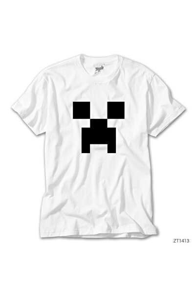 Genel Markalar Minecraft Creeper Face Beyaz Tişört