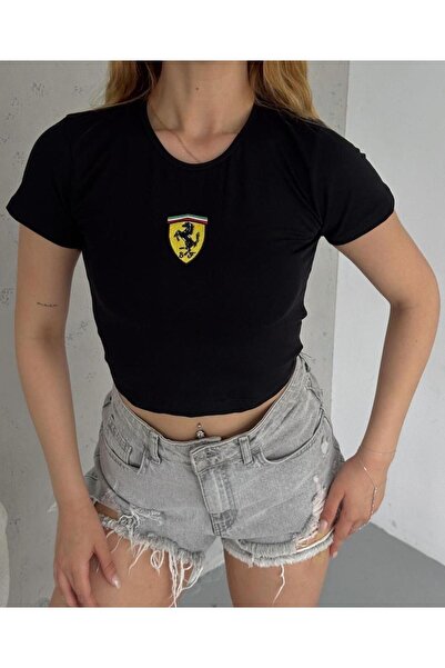 Toum MODESSY Nakışlı Siyah Crop Bluz