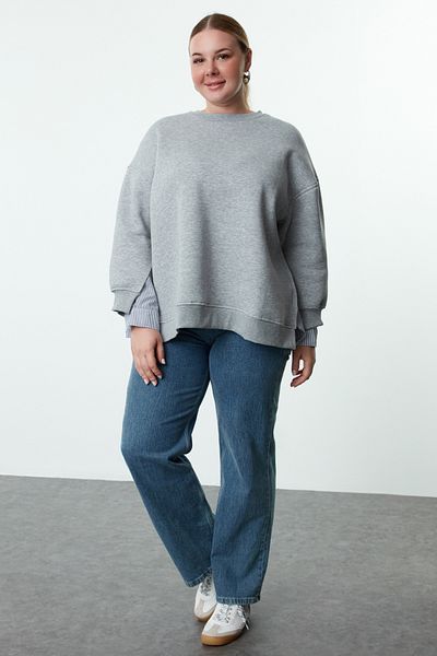 Trendyol Curve Plus Size Gray Knitted Sweatshirt - Oversize Fit, Removal Look, Tbbaw25Ao00000
