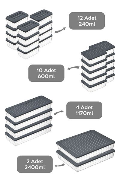 Meleni Home 28 Pieces Anthracite Storage Container Suitable for Microwave and Diffraction - 2X2400Ml 4X1170Ml 10X600Ml 12X240Ml