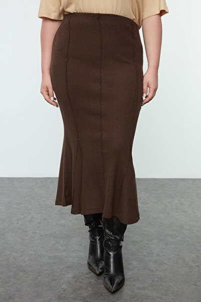 Trendyol Curve Σκούρο καφέ πλεκτή φούστα μεγάλου μεγέθους TBBAW25AZ00023