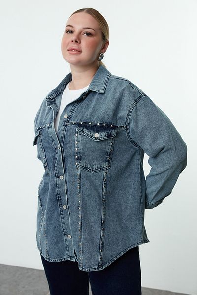 Trendyol Curve Blue Wide Fit Troc Plus Size Denim Jacket