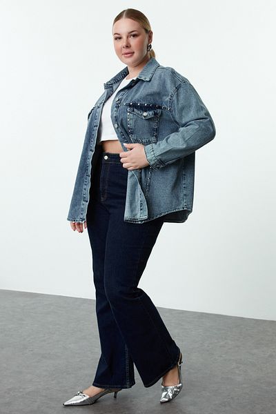 Trendyol Curve Blue Wide Fit Troc Plus Size Denim Jacket