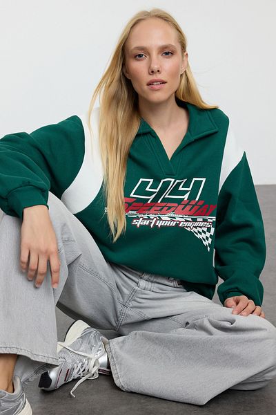 Trendyol Collection Μπλουζάκι Polo Collar Emerald Green Oversize - Χοντρό εσωτερικό, Fleece, Πλεκτό TWOAW25sw00174