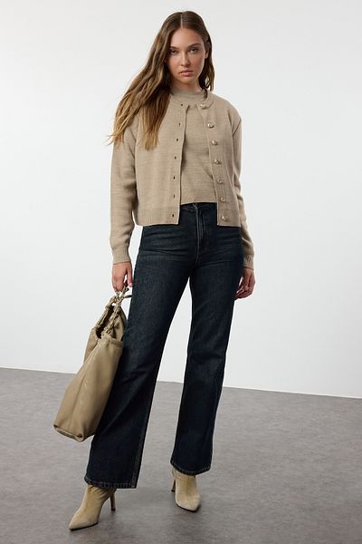 Trendyol Collection Basic Stone kötöttáru blúz és kardigán szett - TWOAW25HI00216