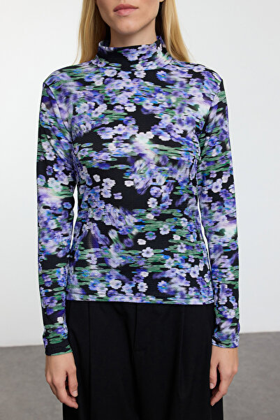 Trendyol Collection Light Purple Printed - Stand Collar Long Sleeve Wrap Knitted Blouse Twoaw22Bz0256