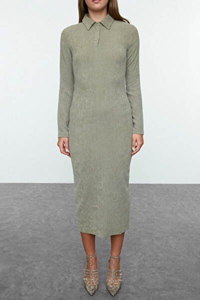 Trendyol Collection Khaki Colored Plain Polo Collar Textured Knitted Dress - Button Detail, Fitted Twoaw25El00318