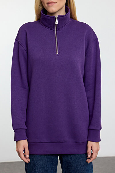 Trendyol Collection Fialová fleecová oversize pletená mikina - límec na zip TWOAW25SW00220