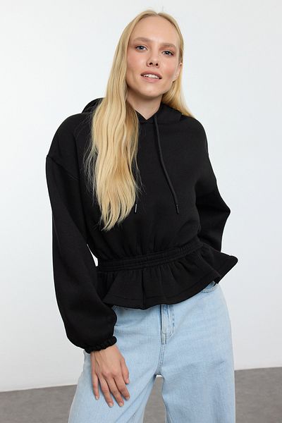 Trendyol Collection Суитшърт с голям размер от полар - черен, детайл с шнур, дебела вътрешна част - Twoaw25sw00166
