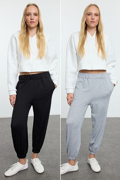 Trendyol Collection Schwarz-grau Melange Jogger Sweatpants - Elastisches Bein, Dünn Gestrickt Twoaw25ea00006