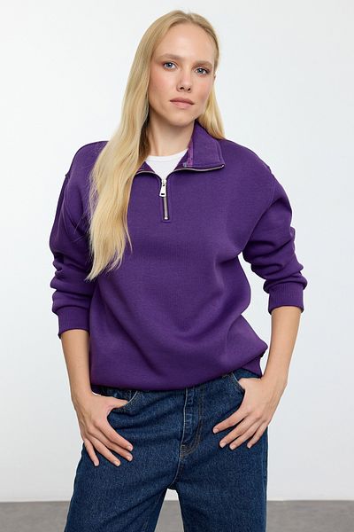 Trendyol Collection Lila Fleece-Übergröße-Sweatshirt aus Strick - Reißverschlusskragen TWOAW25SW00220