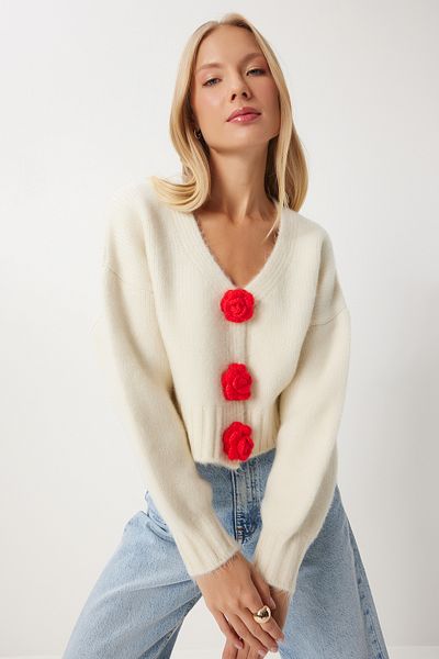 Happiness İstanbul Kremowy damski sweter z dzianiny z pomponem i wzorem kwiatowym - Pf00089