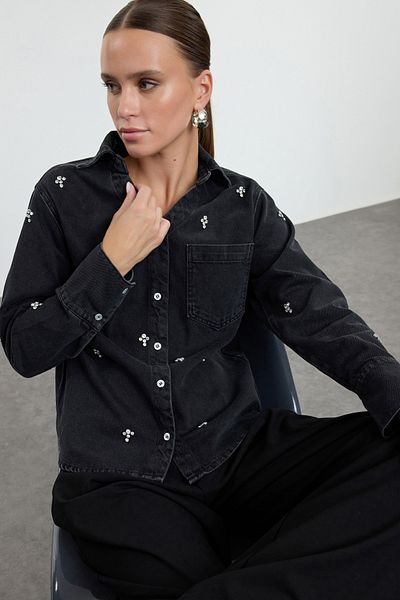 Trendyol Collection Black Jewelled Denim Shirt Twoaw25Go00097
