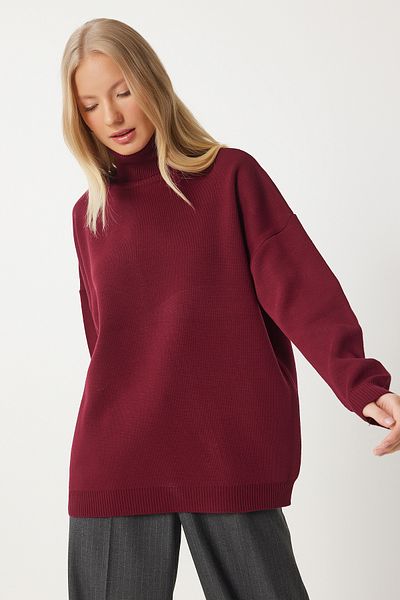 Happiness İstanbul Burgunderfarbener Rollkragenpullover mit übergroßem Strick für Damen – BV00084