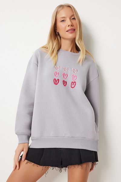 Happiness İstanbul Grau Gesticktes Herz Damen Sweatshirt - OW00004