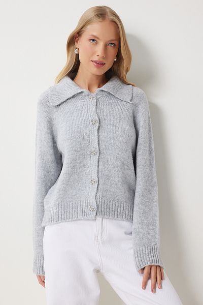 Happiness İstanbul Sivý pólový golier s mašličkou Stone Cardigan - dámsky Pf00094